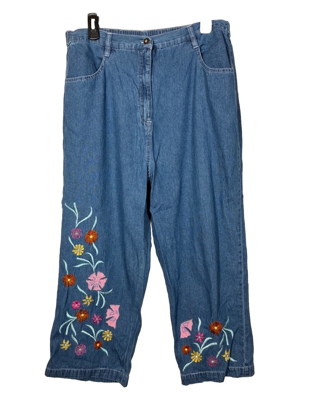 Vintage Embroidered Jeans Floral Blue Denim High Rise Cotton Large Retro Cropped